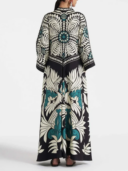 Elegance Floral Print Waterfall Sleeves Maxi Dress